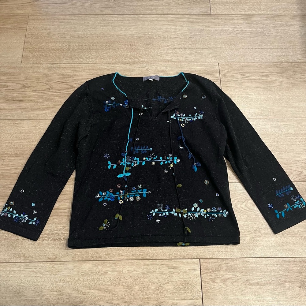 Tokuko 1er Vol Japanese Rayon Blend Black Sparkly Embroidered Sweater Size 9/S